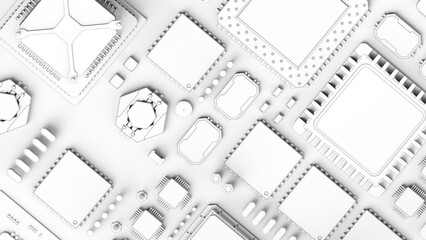 CPU chips on the motherboard . monochrome 3d illustration in white with shadows with contour lines