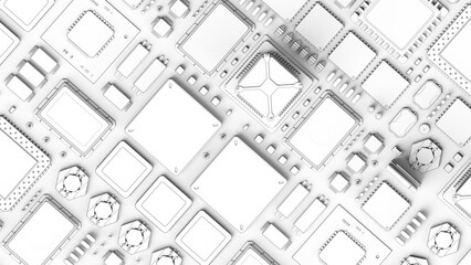 CPU chips on the motherboard . monochrome 3d illustration in white with shadows with contour lines