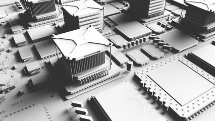 CPU chips on the motherboard . monochrome 3d illustration in white with shadows with contour lines