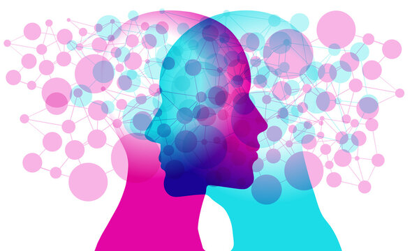 A male and female side silhouette positioned Face to face overlaid with various semi-transparent connected line and circular (network node) shapes.