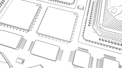 CPU chips on the motherboard . monochrome 3d illustration in white with outline lines