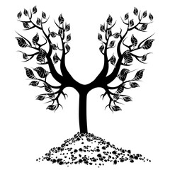 Silhouette of young tree with roots in pile of soil isolated on white. Design element.