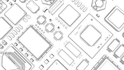 CPU chips on the motherboard . monochrome 3d illustration in white with outline lines
