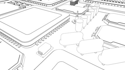CPU chips on the motherboard . monochrome 3d illustration in white with outline lines
