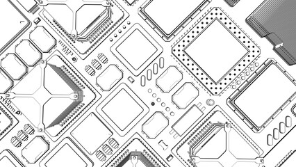 CPU chips on the motherboard . monochrome 3d illustration in white with outline lines