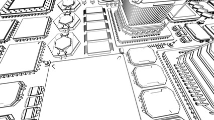 CPU chips on the motherboard . monochrome 3d illustration in white with outline lines
