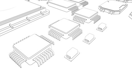 CPU chips on the motherboard . monochrome 3d illustration in white with outline lines