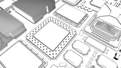 CPU chips on the motherboard . monochrome 3d illustration in white with outline lines