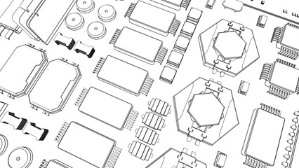 CPU chips on the motherboard . monochrome 3d illustration in white with outline lines