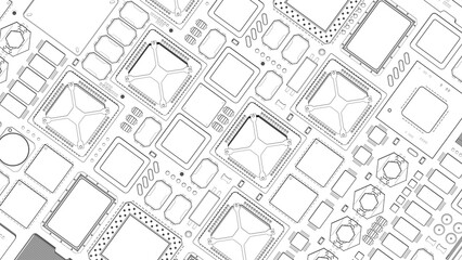 CPU chips on the motherboard . monochrome 3d illustration in white with outline lines