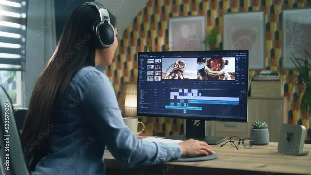 Poster woman in headphones editing video with astronauts for blog about space in professional software on c