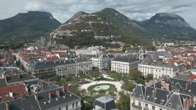 Flying towards Place Victor Hugo in Grenoble France