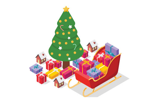Santa sleigh with Chrismas tree and Christmass elements
