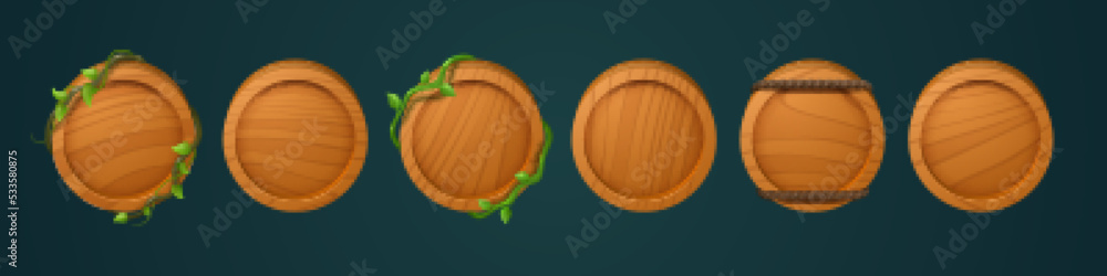 Poster game wooden buttons or user avatar frames with jungle vines and ropes. empty circle panels from brow