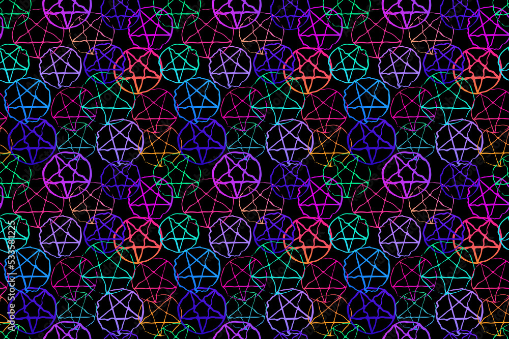 Canvas Prints seamless pattern of neon pentagrams on black background