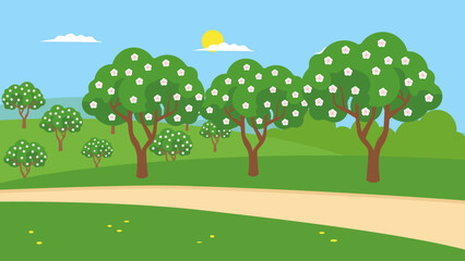 Flowering trees in the garden, illustration, vector