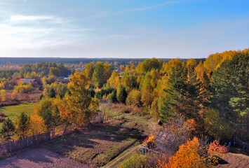 The outskirts of the taiga settlement on a sunny autumn day