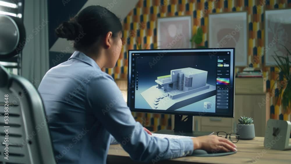 Poster female 3d designer at home working on 3d modeling project of house and creating exterior in professi