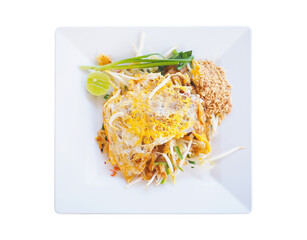 Pad thai food on square plate over white background. - 533582655