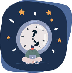 Vector cartoon illustration of man is working at his laptop under clock