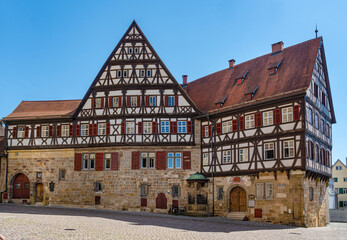 View of the old Kessler wine factory in historic old town Esslingen. Baden Wuerttemberg, Germany,...