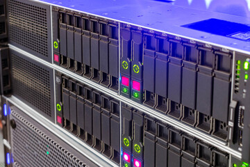 Rack computer servers work in the server room of the data center