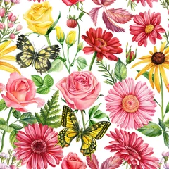 Foto op Plexiglas Autumn flowers. Rose, echinacea red chamomile and butterfly. Seamless pattern, floral background © Hanna