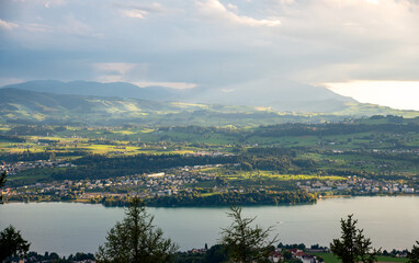 View of the lake of Zurich with a summer evening light