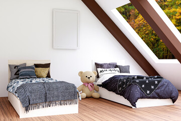 A kid bedroom with mockup wall picture frame. 3d rendered illustration.