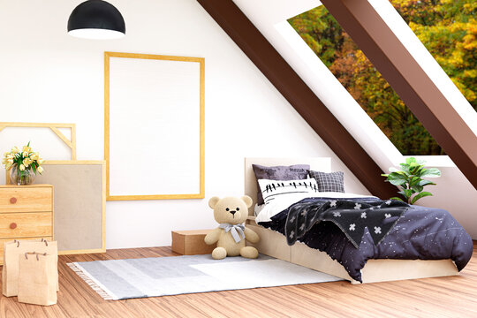3d rendered illustration of attic kid bedroom with wall mockup picture frame.