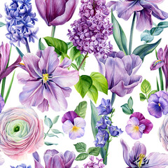 Anemones, hyacinths, lilac and tulips flowers, watercolor botanical painting hand drawing. Seamless pattern