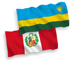 Obraz premium National vector fabric wave flags of Republic of Rwanda and Peru isolated on white background. 1 to 2 proportion.