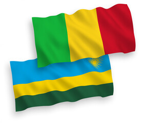 National vector fabric wave flags of Republic of Rwanda and Mali isolated on white background. 1 to 2 proportion.