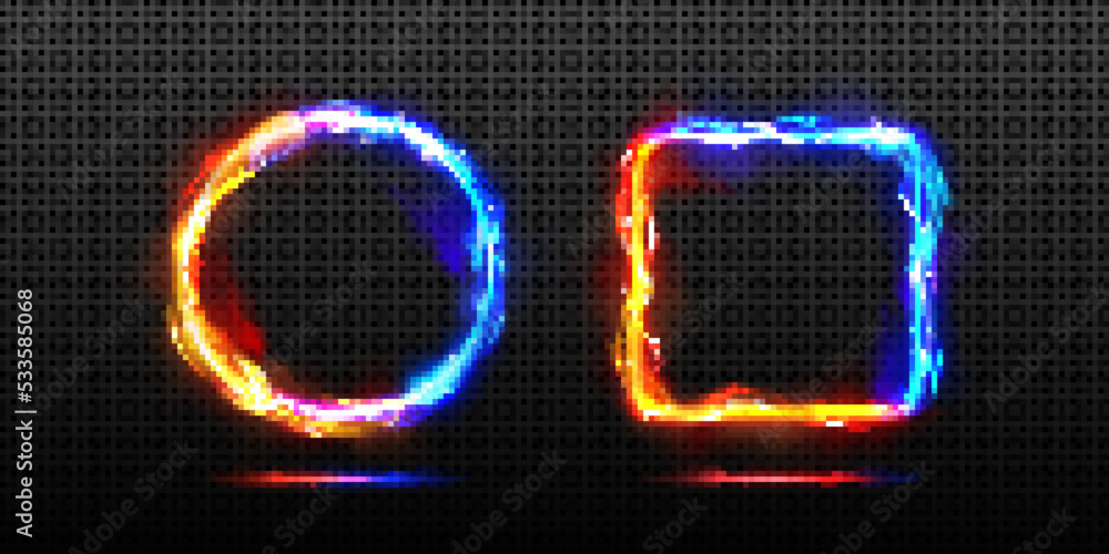 Poster abstract neon frames with fire and ice energy effect. circle and square signs with border of burning