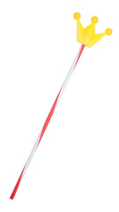 Royal scepter or magic wand with yellow crown on top isolated on white background. Toy for kids...