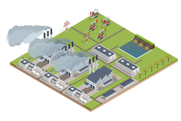 Isometric industrial chimneys with heavy smoke causing air pollution. Environment Polluted by CO2 Emission. Climate hange roblem, health care for people and animals.
