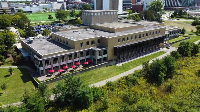 Drake Performance Center, Ohio State University, Department of Theater, Film and Media Arts, aerial drone on the campus along the Olentangy River