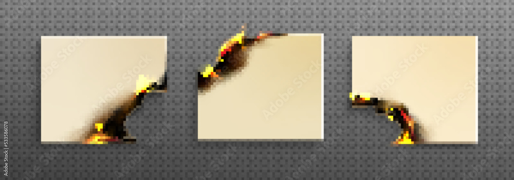 Poster square paper notes with burning angles, burnt pages with smoldering fire on charred uneven edges, da