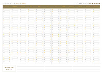 2023 planner template. Annual work organizer for 2023 year. 2023 calendar planner vector schedule horizontal ready to print brown design.