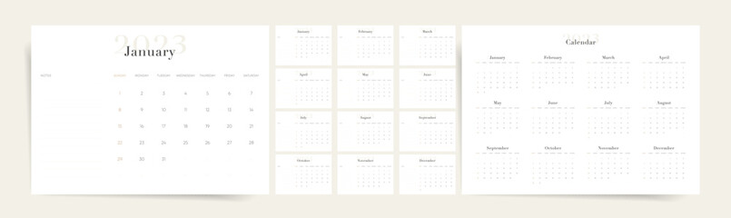 Clean and minimal 2023 calendar template. Elegant and aesthetic design. Week starts on Sunday.  Place for notes. - obrazy, fototapety, plakaty