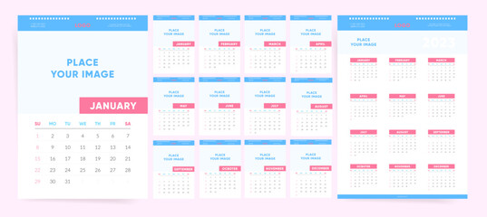 2023 calendar template. Week starts on Sunday. Modern blue and pink calendar for 2023 year. Wall annual organizer calendar in trendy style. Vector template. 
