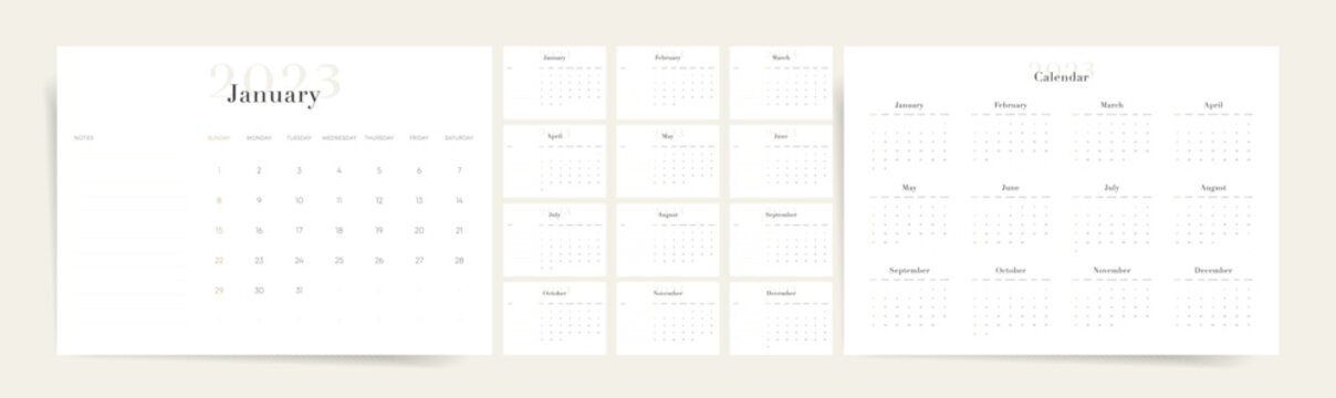 Clean And Minimal 2023 Calendar Template. Elegant And Aesthetic Design. Week Starts On Sunday.  Place For Notes.