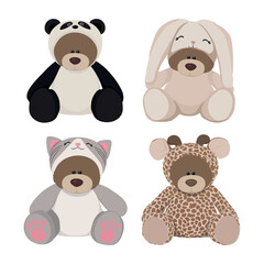 Set of cute teddy bears in costumes, lovely animal toys, realistic toy collection, bunny, panda, cat, giraffe.
