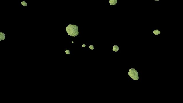 Computer graphics of meteorite stones flying and rotating on black background. 3D render animation of green asteroids, stars or planets with craters flight in cosmos. Space, galaxy, solar system.