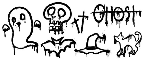 Set of graffiti spray pattern. Collection of halloween symbols, ghost, skull, bat, witch hat, cat, font with spray texture. Elements on white background for banner, decoration, street art, halloween.