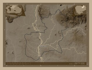 Steung Treng, Cambodia. Sepia. Labelled points of cities