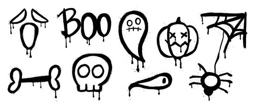 Set of graffiti spray pattern. Collection of halloween symbols, ghost, bone, spider web, skull, pumpkin with spray texture. Elements on white background for banner, decoration, street art, halloween.