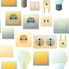 Sockets, switches and light bulbs. Electrical appliances for home network. Spare parts for work of an electrician. Seamless pattern. Isolated on white background. Vector