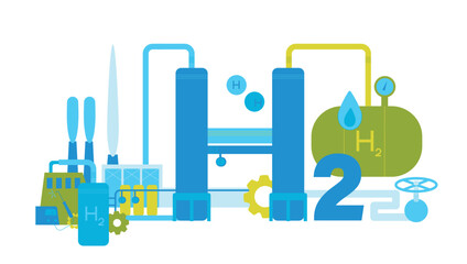 Blue hydrogen production. Renewable energy source. Vector illustration