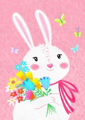White little smiling girl bunny with a flower bouquet on a pink background. Hand drawn cute rabbit. Easter greeting.